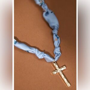 Altar'd State Light Blue Scarf Necklace with Gold Cross